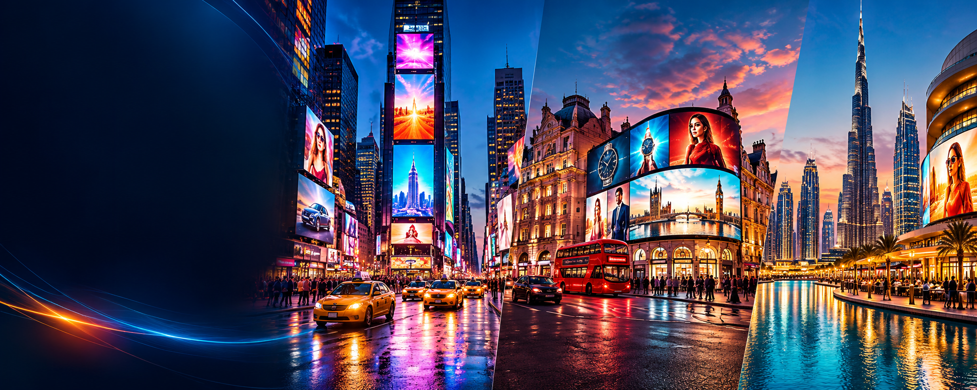 Illustrative global advertising city collage inspired by New York, London and Dubai